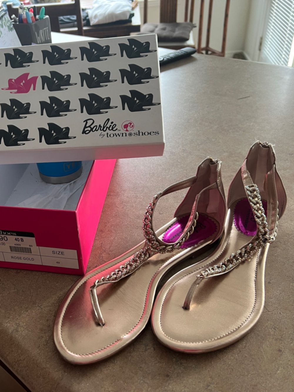 Barbie Rose Gold Chain T-Strap Sandals - Women's